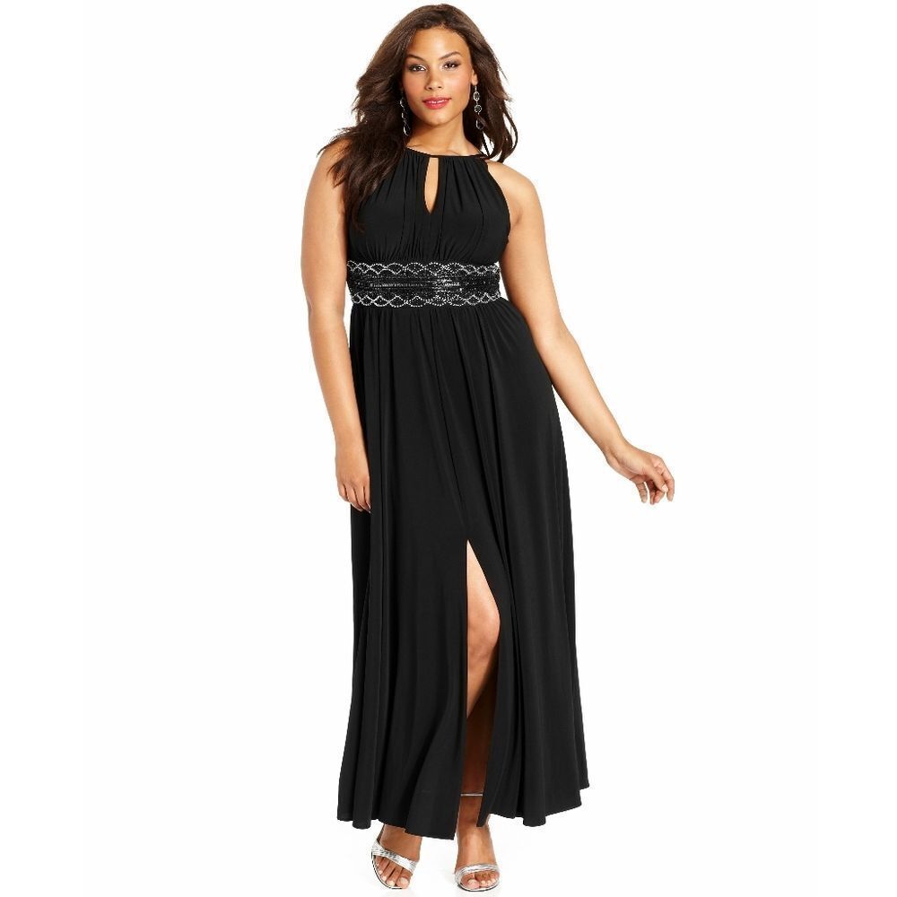 New! R&M RICHARDS Plus Size Women's Beaded Front-Slit Maxi Black Dress Size 14W